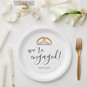 Romantic Gold Rings We're Engaged Paper Plate