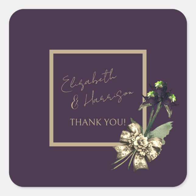 Romantic Gold Script Dark Plum Wedding Thank You Square Sticker (Front)