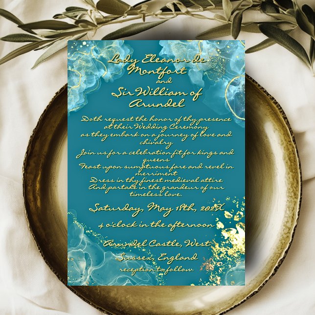 Romantic Gold Teal Marble Fantasy Wedding Invitation (Romantic Gold Teal Marble Fantasy Wedding Invitation)