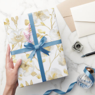 Romantic Gold White Floral Bridal Shower Wrapping Paper