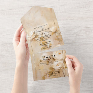 Romantic Gold White Roses All In One Invitation