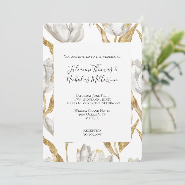 Romantic Gold White Tulips Floral Wedding Invitation (Standing Front)