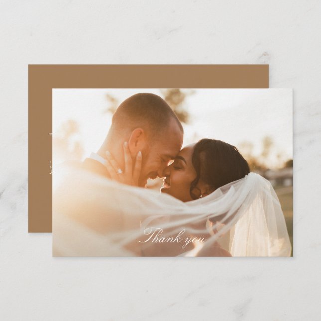 Romantic Golden Brown Photo Wedding Thank You Card (Front/Back)