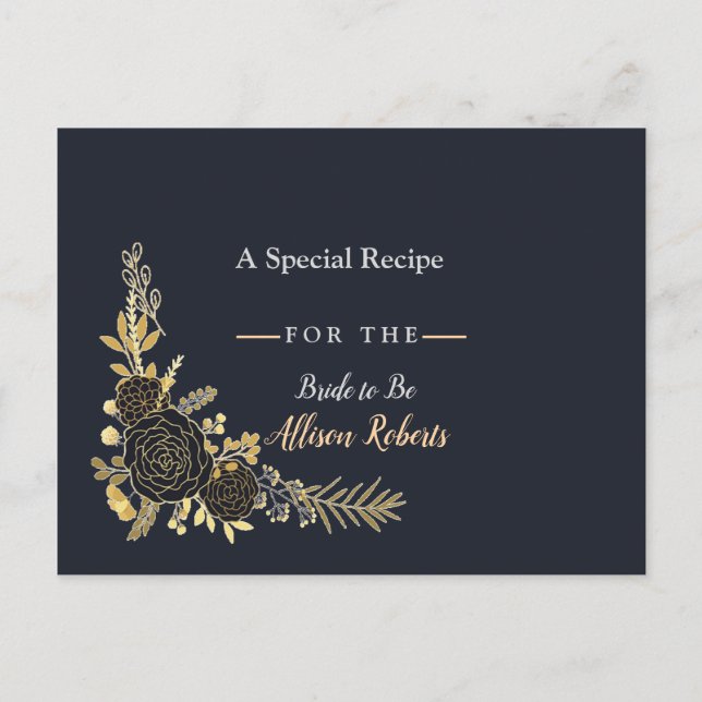 Romantic golden Floral Navy Blue  Bridal Shower R Invitation Postcard (Front)