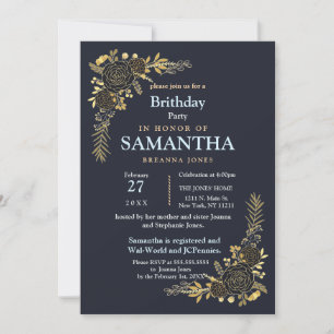 Romantic golden Floral Navy Blue planner birthday Invitation