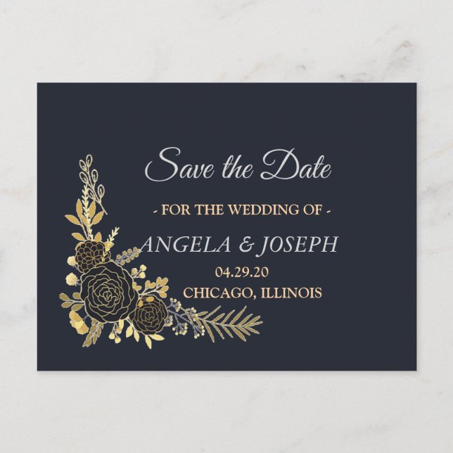 Romantic golden Floral Navy Blue  Save the Date Announcement Postcard (Front)