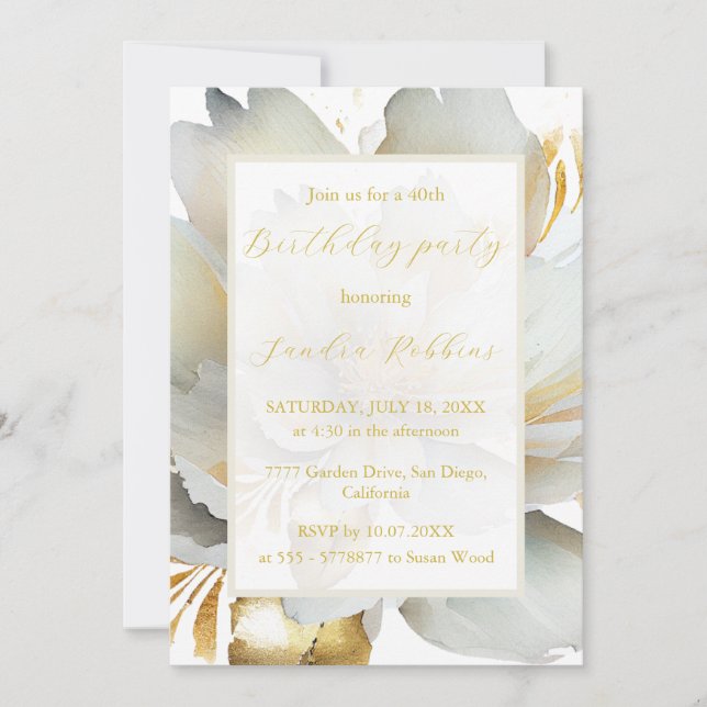 Romantic golden flower Birthday Invitation (Front)