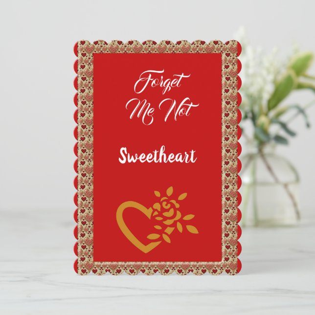 Romantic Golden Heart Forget Me Not Valentine   Holiday Card (Standing Front)