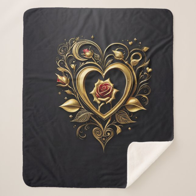 Romantic golden heart with a blooming red rose  sherpa blanket (Front)