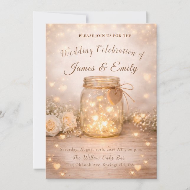 Romantic Golden Light Hearts Wedding Invite (Front)