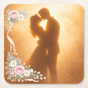 Romantic Golden Sunset Silhouette  Wedding Napkins Square Paper Coaster
