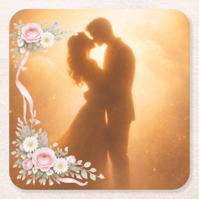Romantic Golden Sunset Silhouette  Wedding Napkins Square Paper Coaster (Front)