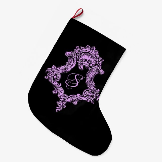 Romantic Goth Pink Monogram Large Christmas Stocking (Front (Hanging))