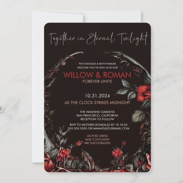 Romantic Goth Red and Black Rose Wedding Invitation (Front)