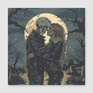 Romantic gothic cartoon of a skeleton and woman 