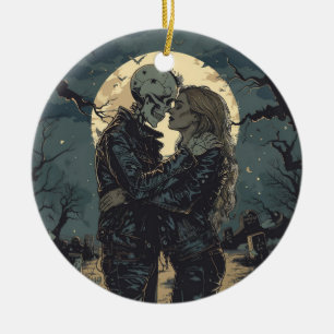 Romantic gothic cartoon of a skeleton and woman  ceramic tree decoration