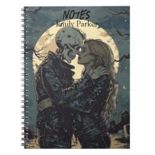 Romantic gothic cartoon of a skeleton and woman notebook