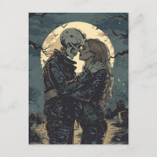 Romantic gothic cartoon of a skeleton and woman postcard
