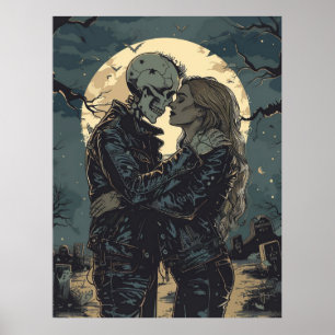 Romantic gothic cartoon of a skeleton and woman poster