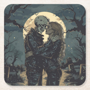 Romantic gothic cartoon of a skeleton and woman  square paper coaster