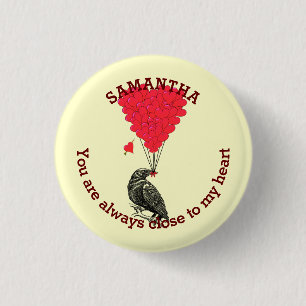 Romantic gothic crow and red heart personalised 3 cm round badge
