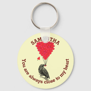Romantic gothic crow and red heart personalised key ring