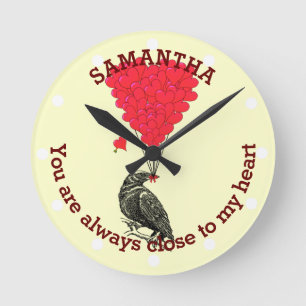 Romantic gothic crow and red heart personalised round clock
