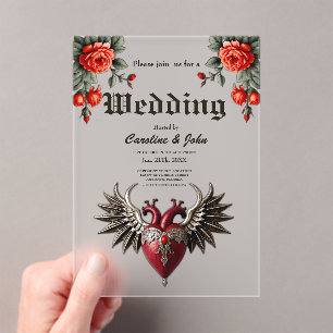 Romantic Gothic icon: heart, rose, skull. Acrylic Invitations