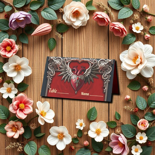 Romantic Gothic icon: heart, rose, skull.  Place Card (Creator Uploaded)