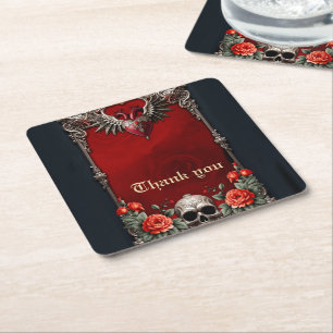 Romantic Gothic icon: heart, rose, skull.  Square Paper Coaster