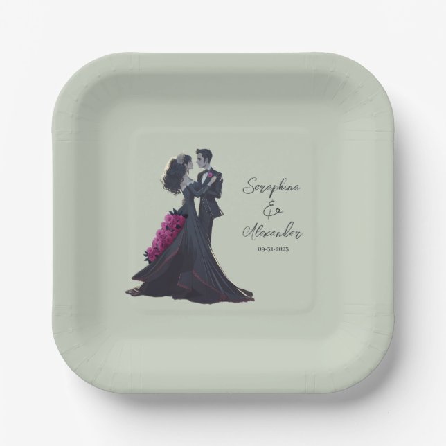 Romantic Gothic Lovers Elegant Wedding Paper Plate (Front)