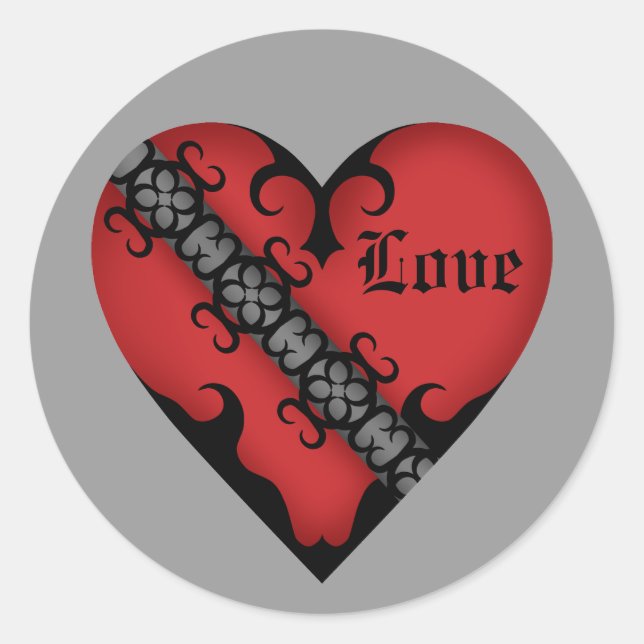 Romantic gothic mediaeval red heart classic round sticker (Front)