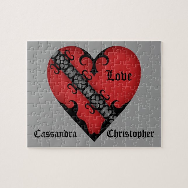Romantic gothic mediaeval red heart personalised jigsaw puzzle (Horizontal)