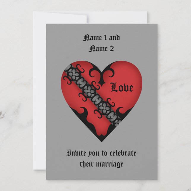 Romantic gothic mediaeval red heart wedding invitation (Front)