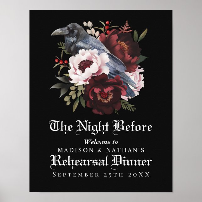 Romantic Gothic Raven Wedding Rehearsal Dinner Poster (Front)