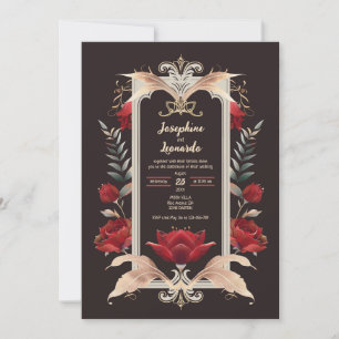 Romantic Gothic Red Rose and Gold Wedding Invitation