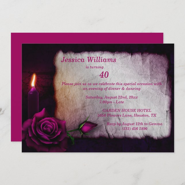 Romantic Gothic Rose & Candle Birthday Invitation (Front/Back)