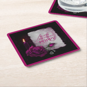Romantic Gothic Rose & Candle Birthday Square Paper Coaster