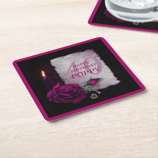 Romantic Gothic Rose & Candle Birthday Square Paper Coaster (Angled)