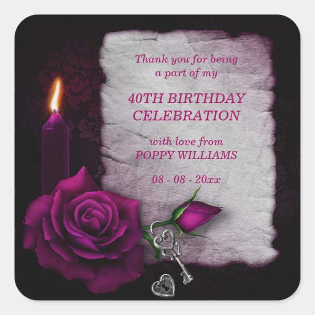 Romantic Gothic Rose & Candle Birthday Square Sticker (Front)