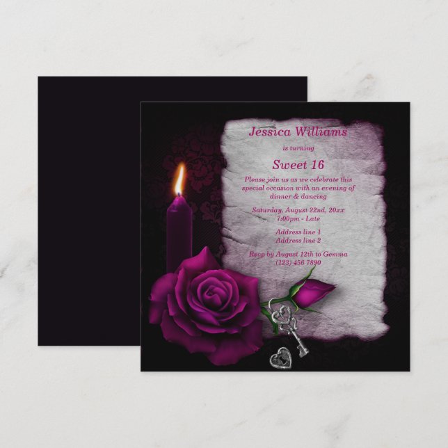 Romantic Gothic Rose, Candle, Key & Lock Sweet 16 Invitation (Front/Back)