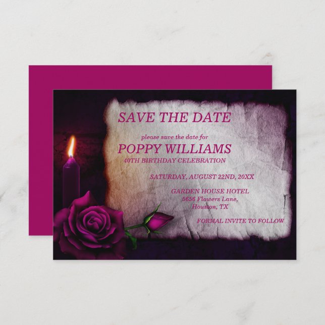 Romantic Gothic Rose & Candle Save The Date (Front/Back)