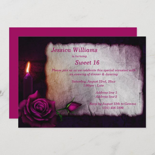 Romantic Gothic Rose & Candle Sweet 16 Invitation (Front/Back)