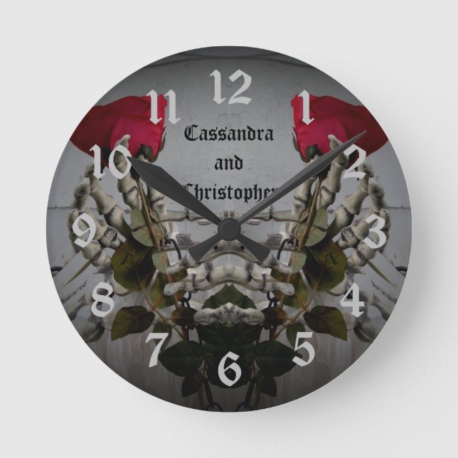 Romantic gothic skelton hands holding red roses round clock (Front)