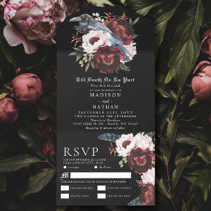 Romantic Gothic Watercolor Raven Floral Wedding All In One Invitation