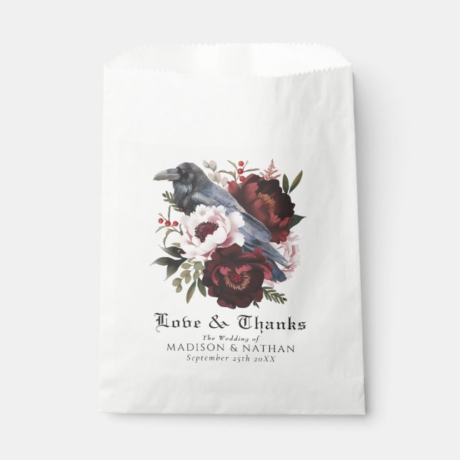 Romantic Gothic Watercolor Raven Floral Wedding Favour Bags (Front)