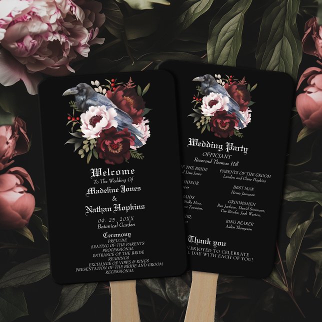 Romantic Gothic Watercolor Raven Floral Wedding Hand Fan (Creator Uploaded)
