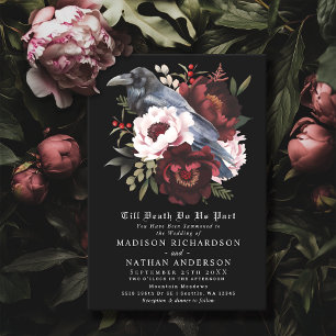 Romantic Gothic Watercolor Raven Floral Wedding Invitation