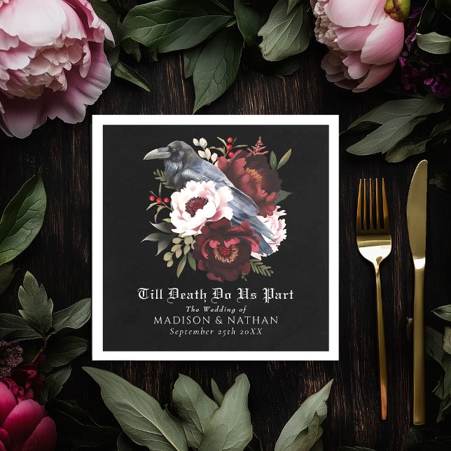 Romantic Gothic Watercolor Raven Floral Wedding Napkin (Creator Uploaded)