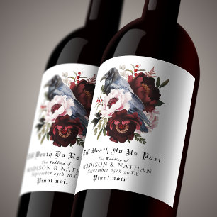 Romantic Gothic Watercolor Raven Floral Wedding Wine Label
